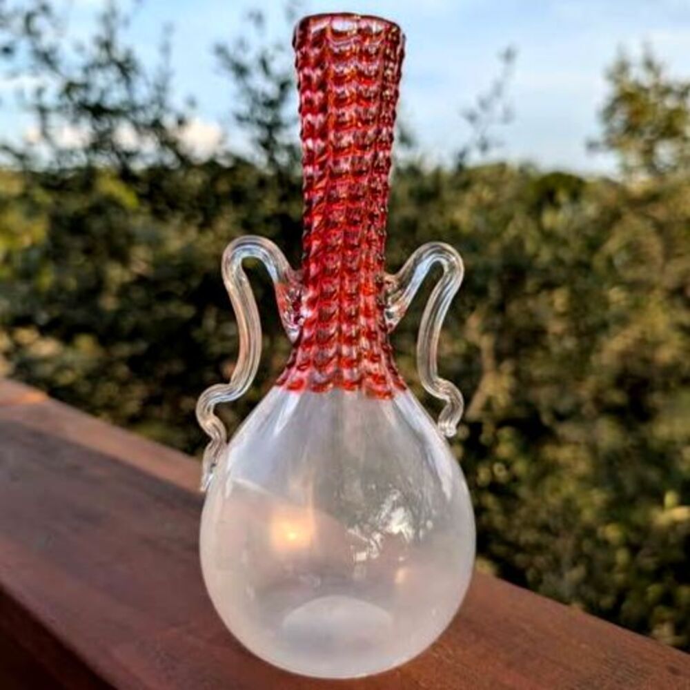 Vintage Hand blown Art Glass Vase clear and red fluted slender neck